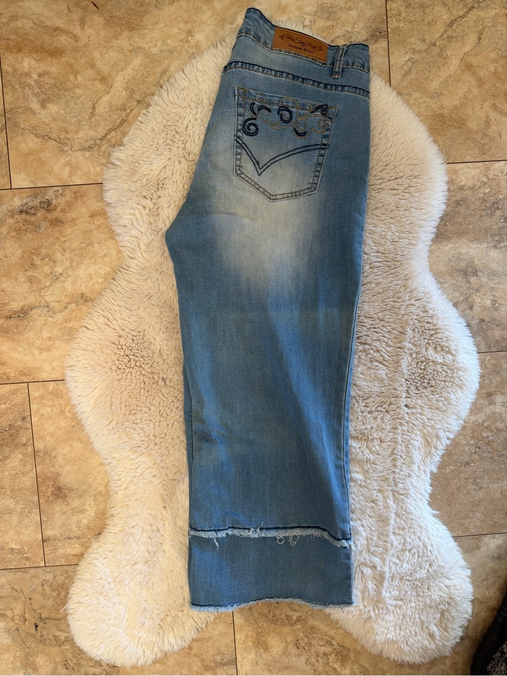 Suzanne Betro Light Blue Straight Leg Jeans with Embroidered Pocket